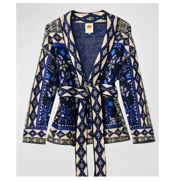 FARM RIO Macaw Forest Tie-belt Beaded Cardigan Size Small - Picture 5 of 16